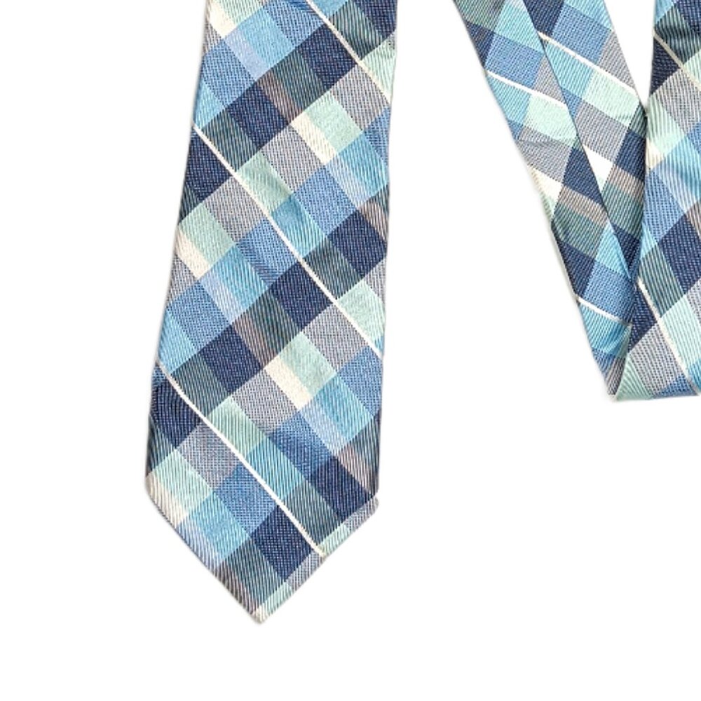 Express Plaid Tie Men’s 62” Blue Green Silk Cotton Blend Designer Classic New